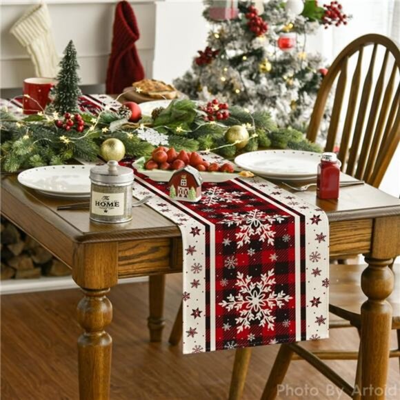 Buffalo Plaid Snowflake Christmas Table Runner - 13x72 Inch Winter Table Decor‎ - Picture 2 of 7